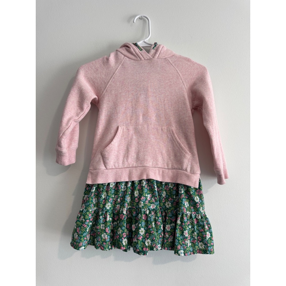 Boden Hoodie Skirt Dress Girls 6 7 Y Pink Green Floral Tiered Hybrid Cottagecore